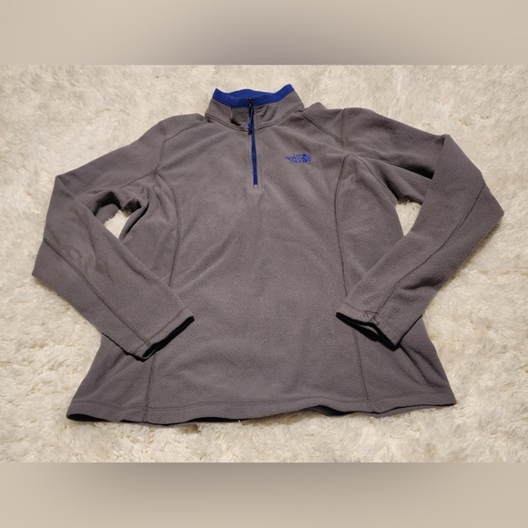 The North Face Women’s Gray 1/4 Zip With Blue Collar & Logo Fleece Pullover EUC - Picture 1 of 5